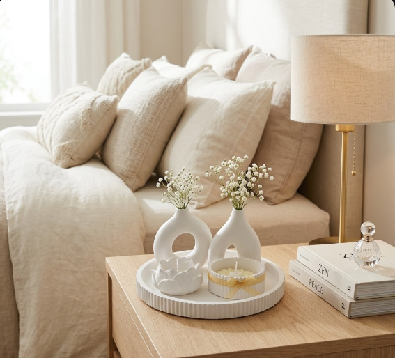 yeni set sunumluk El Yapımı Beyaz Tepsi, Lotus Mum ve Vazo Tasarım Seti - Görsel 1